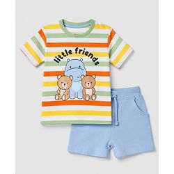 Babyhug Single Jersey Knit Half Sleeves Striped T-Shirt & Shorts Set With Bear & Text Print - Blue