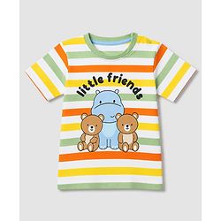 Babyhug Single Jersey Knit Half Sleeves Striped T-Shirt & Shorts Set With Bear & Text Print - Blue