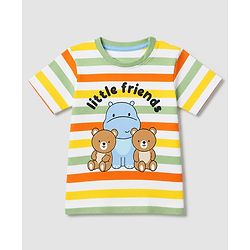 Babyhug Single Jersey Knit Half Sleeves Striped T-Shirt & Shorts Set With Bear & Text Print - Blue