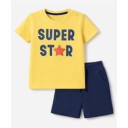 Babyhug 100% Cotton Interlock Knit Half Sleeves T-Shirt & Shorts Set With Text Print - Yellow
