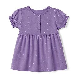 Babyhug Single Jersey Knit Frock with Half Sleeves and Floral, Polka Dot Print in Pink & Purple