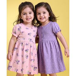 Babyhug Single Jersey Knit Frock with Half Sleeves and Floral, Polka Dot Print in Pink & Purple