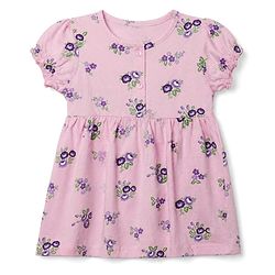 Babyhug Single Jersey Knit Frock with Half Sleeves and Floral, Polka Dot Print in Pink & Purple