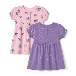 Babyhug Single Jersey Knit Frock with Half Sleeves and Floral, Polka Dot Print in Pink & Purple