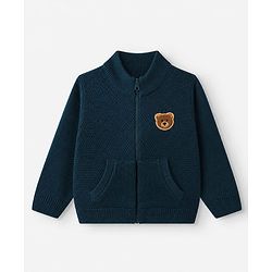Babyhug Knit Front Open Sweater with Full Sleeves and Bear Applique in Navy Blue for 3-6 Months