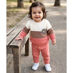 Babyhug Knit Full Length Sweater Sets with Full Sleeves and Tiger Patch in Pink for 3-6 Months