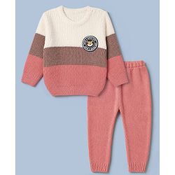 Babyhug Knit Full Length Sweater Sets with Full Sleeves and Tiger Patch in Pink for 3-6 Months