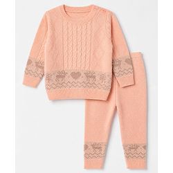Babyhug Knit Full Sleeves Sweater Set with Heart Reindeer & Cable Knit Design - Peach