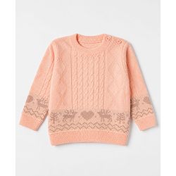 Babyhug Knit Full Sleeves Sweater Set with Heart Reindeer & Cable Knit Design - Peach
