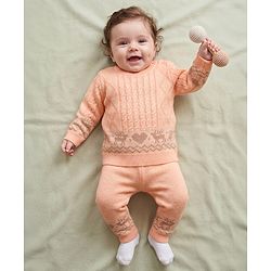 Babyhug Knit Full Sleeves Sweater Set with Heart Reindeer & Cable Knit Design - Peach