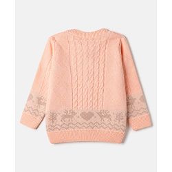 Babyhug Knit Full Sleeves Sweater Set with Heart Reindeer & Cable Knit Design - Peach