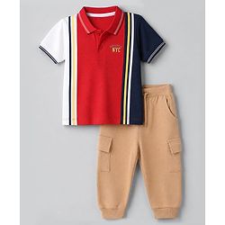 Babyhug 100% Cotton Single Jersey Knit Half sleeves T-shirt & Joggers Set With Text Embroidery - Red