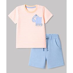 Babyhug 100% Cotton Single Jersey Knit Half Sleeves T-Shirt & Shorts With Construction Vehicle Print - Peach & Light Blue