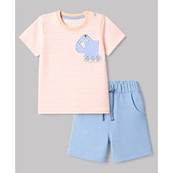 Babyhug 100% Cotton Single Jersey Knit Half Sleeves T-Shirt & Shorts With Construction Vehicle Print - Peach & Light Blue