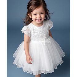Babyhug Mesh Woven Frill Sleeves Solid Colour Floral Sequinned & Embroidered Frock -White