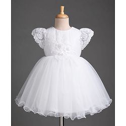 Babyhug Mesh Woven Frill Sleeves Solid Colour Floral Sequinned & Embroidered Frock -White
