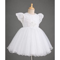 Babyhug Mesh Woven Frill Sleeves Solid Colour Floral Sequinned & Embroidered Frock -White