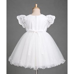 Babyhug Mesh Woven Frill Sleeves Solid Colour Floral Sequinned & Embroidered Frock -White