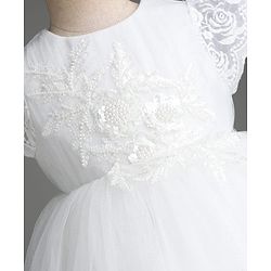 Babyhug Mesh Woven Frill Sleeves Solid Colour Floral Sequinned & Embroidered Frock -White