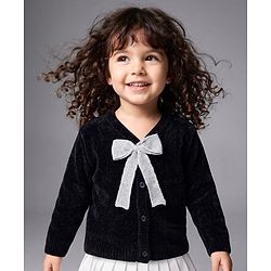 Babyhug Knit Full Sleeves Solid Front Open Sweaters With Bow Applique - Black