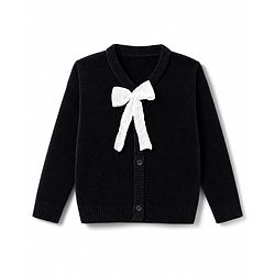 Babyhug Knit Full Sleeves Solid Front Open Sweaters With Bow Applique - Black