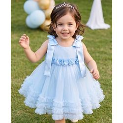 Babyhug Mesh Woven Sleeveless Party Dress with Floral Corsage Bow Applique & Ruffles - Light Blue