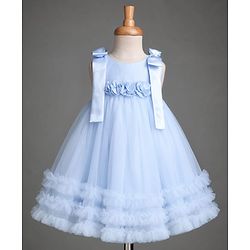 Babyhug Mesh Woven Sleeveless Party Dress with Floral Corsage Bow Applique & Ruffles - Light Blue