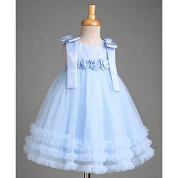 Babyhug Mesh Woven Sleeveless Party Dress with Floral Corsage Bow Applique & Ruffles - Light Blue