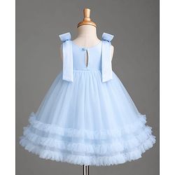 Babyhug Mesh Woven Sleeveless Party Dress with Floral Corsage Bow Applique & Ruffles - Light Blue