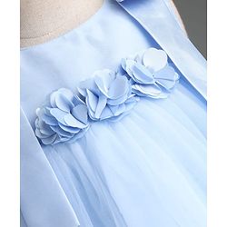 Babyhug Mesh Woven Sleeveless Party Dress with Floral Corsage Bow Applique & Ruffles - Light Blue