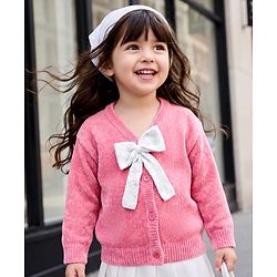 Babyhug Knit Full Sleeves Solid Front Open Sweaters With Bow Applique - Pink