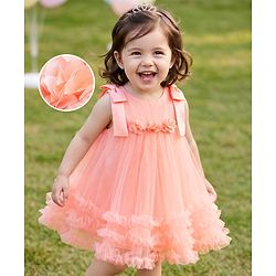Babyhug Mesh Woven Sleeveless Party Dress with Floral Corsage Bow Applique & Ruffles - Peach