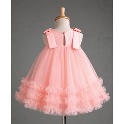 Babyhug Mesh Woven Sleeveless Party Dress with Floral Corsage Bow Applique & Ruffles - Peach