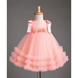 Babyhug Mesh Woven Sleeveless Party Dress with Floral Corsage Bow Applique & Ruffles - Peach