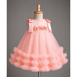 Babyhug Mesh Woven Sleeveless Party Dress with Floral Corsage Bow Applique & Ruffles - Peach