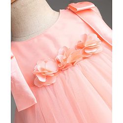 Babyhug Mesh Woven Sleeveless Party Dress with Floral Corsage Bow Applique & Ruffles - Peach