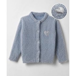 Babyhug Knit Full Sleeves Front Open Sweaters With Heart Patch - Light Blue