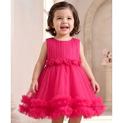 Babyhug Mesh Woven Sleeveless Party Dress With Floral Applique & Ruffles - Dark Pink