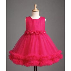 Babyhug Mesh Woven Sleeveless Party Dress With Floral Applique & Ruffles - Dark Pink