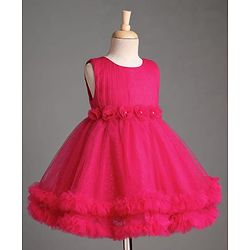 Babyhug Mesh Woven Sleeveless Party Dress With Floral Applique & Ruffles - Dark Pink
