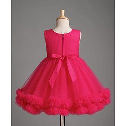 Babyhug Mesh Woven Sleeveless Party Dress With Floral Applique & Ruffles - Dark Pink
