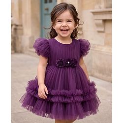 Babyhug Mesh Woven Sleeveless Party Dress With Floral Applique & Ruffles - Purple