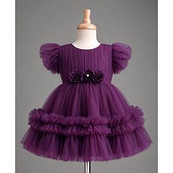 Babyhug Mesh Woven Sleeveless Party Dress With Floral Applique & Ruffles - Purple