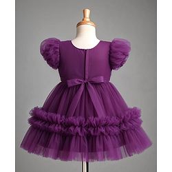 Babyhug Mesh Woven Sleeveless Party Dress With Floral Applique & Ruffles - Purple