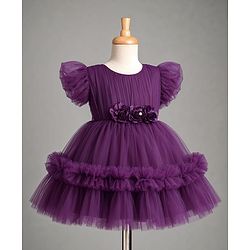 Babyhug Mesh Woven Sleeveless Party Dress With Floral Applique & Ruffles - Purple