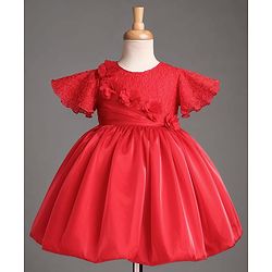 Babyhug Satin Woven Half Sleeves Textured Solid Colour Party Dress with Floral Corsage -Red