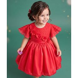 Babyhug Satin Woven Half Sleeves Textured Solid Colour Party Dress with Floral Corsage -Red