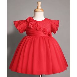 Babyhug Satin Woven Half Sleeves Textured Solid Colour Party Dress with Floral Corsage -Red