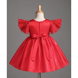 Babyhug Satin Woven Half Sleeves Textured Solid Colour Party Dress with Floral Corsage -Red