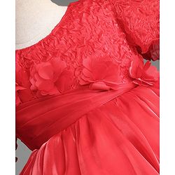 Babyhug Satin Woven Half Sleeves Textured Solid Colour Party Dress with Floral Corsage -Red